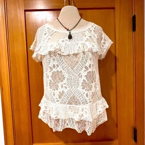 FREE WITH $20 PURCHASE - Lace shirt with ruffles, keyhole back, frayed-edges